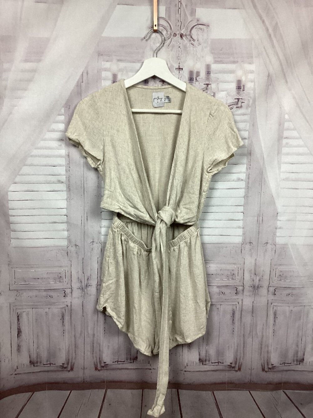 Polly Romper Tan Front Tie Shorts Linen Blend 6